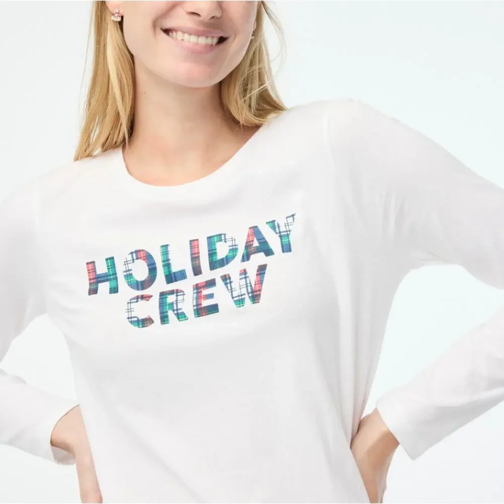 J.Crew Long-sleeve Holiday Crew Graphic Tee WMNS 3X Plus White Crewneck Slim Fit